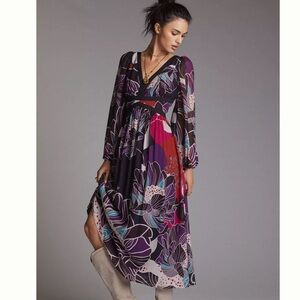 Anthropologie Black Floral Midi Dress with Purple and Teal Accents